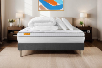 Pack lit complet 140x190 cm - Matelas + Sommier Gris (en kit) + 2 oreillers + Couette - Memo Luxe Pack lit complet 140x190 cm - Matelas + Sommier Gris (en kit) + 2 oreillers + Couette - Memo Luxe