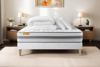 Pack lit complet 140x190 cm - Matelas + Sommier Blanc (en kit) + 2 oreillers + Couette - Memo Spring