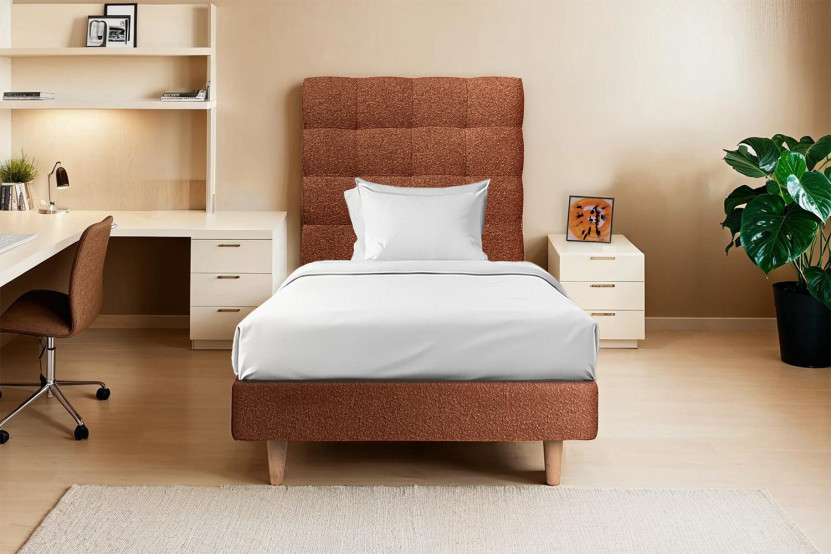 Lit 90x190 cm avec Tête de lit capitonnée - Tissu Bouclette