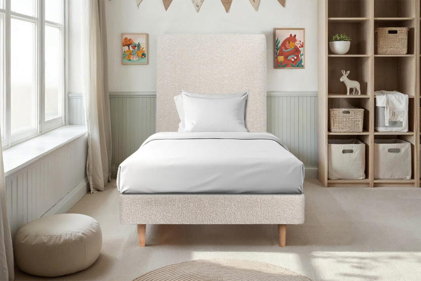 Lit 90x190 cm avec Tête de lit tapissée - Tissu Bouclette