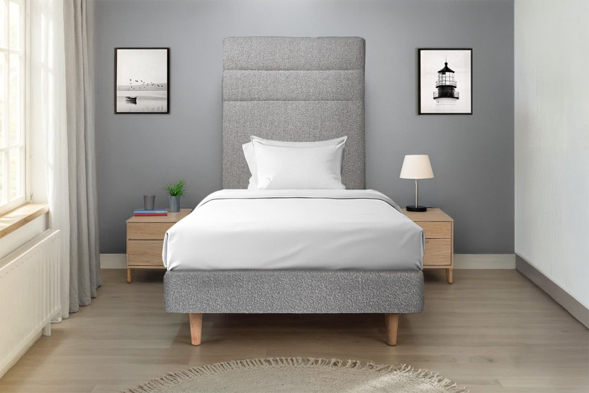 Lit 90x190 cm avec Tête de lit à lignes - Tissu Bouclette