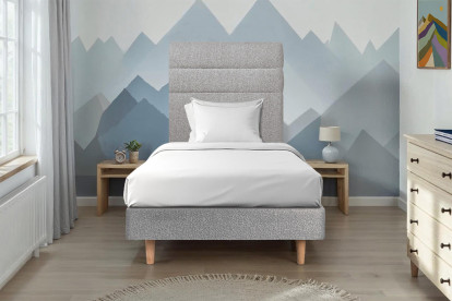 Lit 90x190 cm - Sommier tapissier H29 cm + tête de lit à lignes - Tissu Bouclette Gris