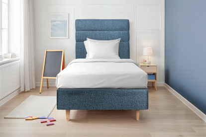 Lit 90x200 cm - Sommier tapissier H35 cm + tête de lit à lignes - Tissu Bouclette Bleu