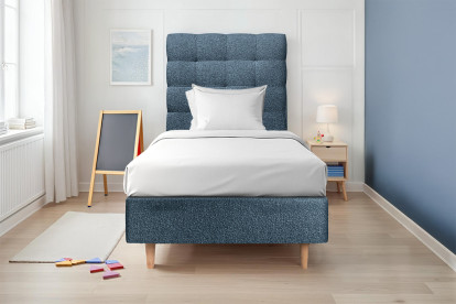 Lit 90x200 cm - Sommier tapissier H35 cm + tête de lit capitonnée - Tissu Bouclette Bleu