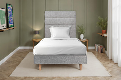 Lit 90x190 cm - Sommier à lattes H29 cm + tête de lit à lignes - Tissu Bouclette Gris
