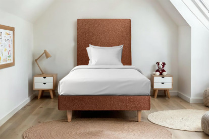 Lit 90x200 cm - Sommier tapissier H29 cm + tête de lit tapissée - Tissu Bouclette Terracotta