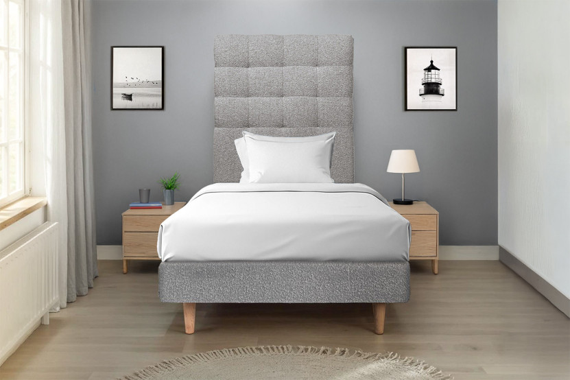 Lit 90x200 cm avec Tête de lit capitonnée - Tissu Bouclette