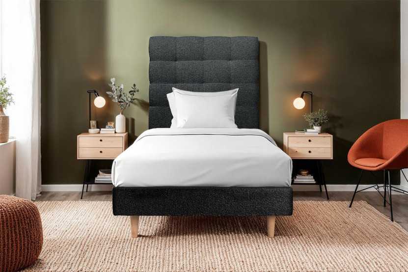 Lit 90x200 cm avec Tête de lit capitonnée - Tissu Bouclette Noir