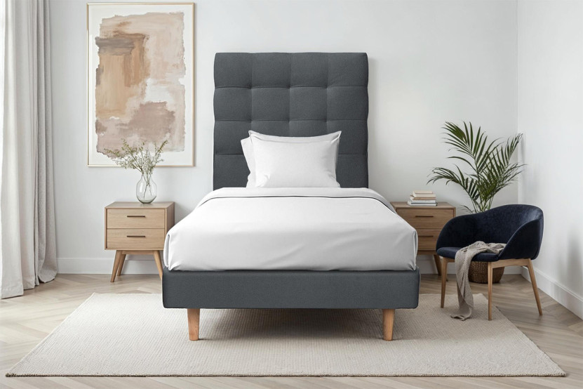 Lit 90x190 cm avec Tête de lit capitonnée - Tissu Velours Gris Anthracite