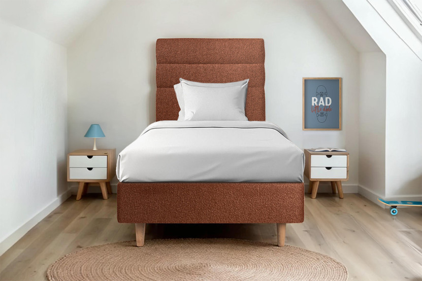 Lit 90x190 cm avec Tête de lit à lignes - Tissu Bouclette Terracotta