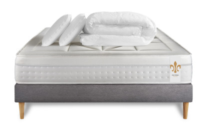 Pack lit complet 200x200 cm - Matelas + Sommier Gris (en kit) + 2 oreillers + Couette - Vingt-Huit