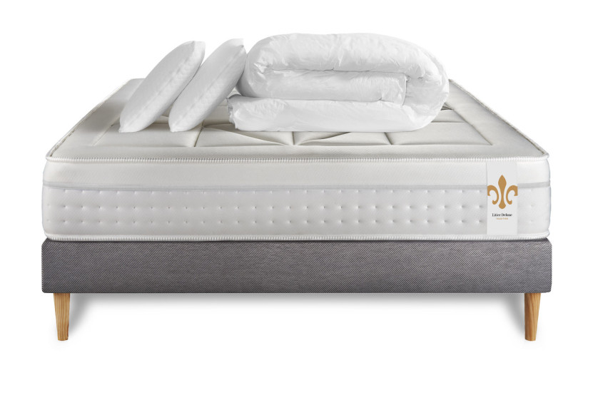 Pack lit complet 200x200 cm - Matelas + Sommier Gris (en kit) + 2 oreillers + Couette - Vingt-Huit