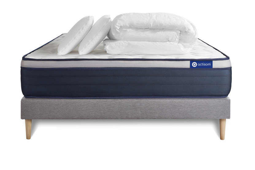Pack lit complet 200x200 cm - Matelas + Sommier Gris (en kit) + 2 oreillers + Couette - Actilatex Max