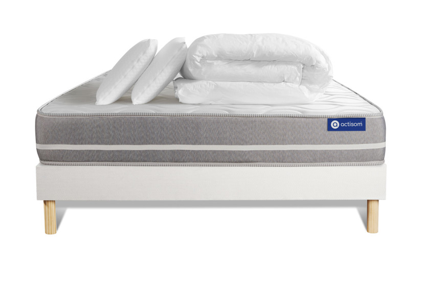 Pack lit complet 160x200 cm - Matelas + Sommier Blanc (en kit) + 2 oreillers + Couette - Actiflex Touch