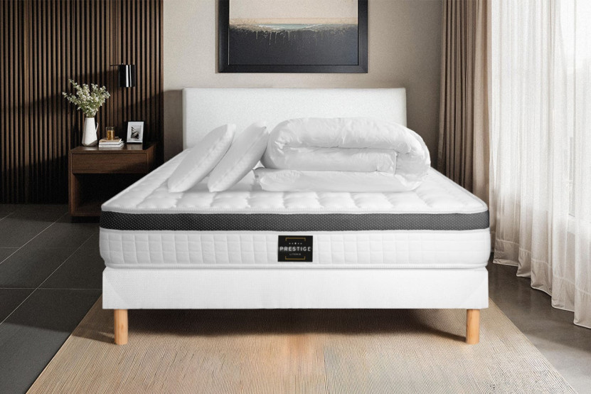 Pack lit complet 160x200 cm - Matelas + Sommier Blanc (en kit) + 2 oreillers + Couette - Supérieur