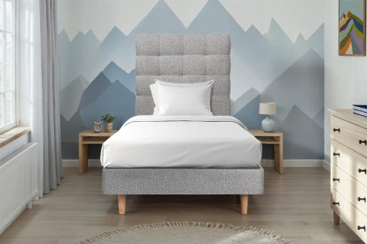 Lit 90x190 cm - Sommier tapissier H29 cm + tête de lit capitonnée - Tissu Bouclette Gris