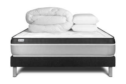 Pack lit complet 200x200 cm - Matelas + Sommier Noir (en kit) + 2 oreillers + Couette - Vital Ergo