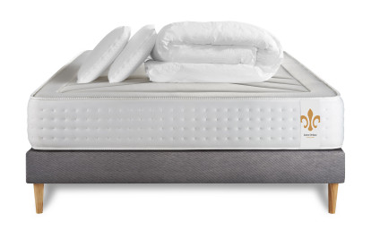 Pack lit complet 140x190 cm - Matelas + Sommier Gris (en kit) + 2 oreillers + Couette - Vingt-Quatre