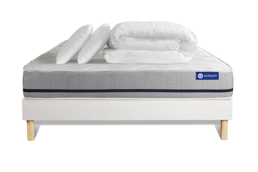 Pack lit complet 160x200 cm - Matelas + Sommier Blanc (en kit) + 2 oreillers + Couette - Actimemo Soft