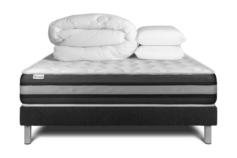 Pack lit complet 200x200 cm - Matelas + Sommier Noir (en kit) + 2 oreillers + Couette - Vitalspring Zen