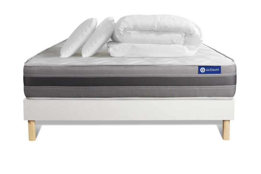 Pack lit complet 200x200 cm - Matelas + Sommier Blanc (en kit) + 2 oreillers + Couette - Actimemo Relax