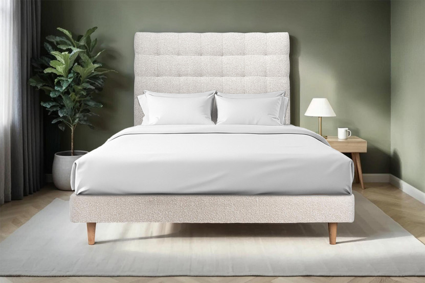 Lit 135x190 cm avec Tête de lit capitonnée - Tissu Bouclette Beige Clair
