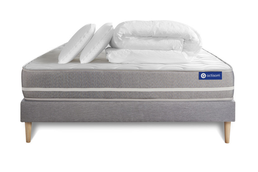 Pack lit complet 140x190 cm - Matelas + Sommier Gris (en kit) + 2 oreillers + Couette - Actilatex Touch