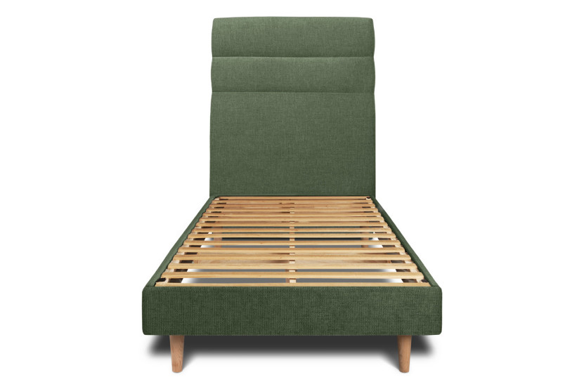 Lit 90x190 cm avec Tête de lit à lignes - Tissu Toile natté Vert Kaki