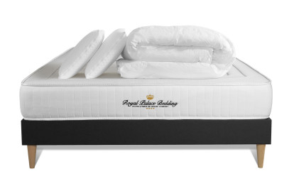 Pack lit complet 180x200 cm - Matelas + Sommier Noir (en kit) + 2 oreillers + Couette - Lancaster
