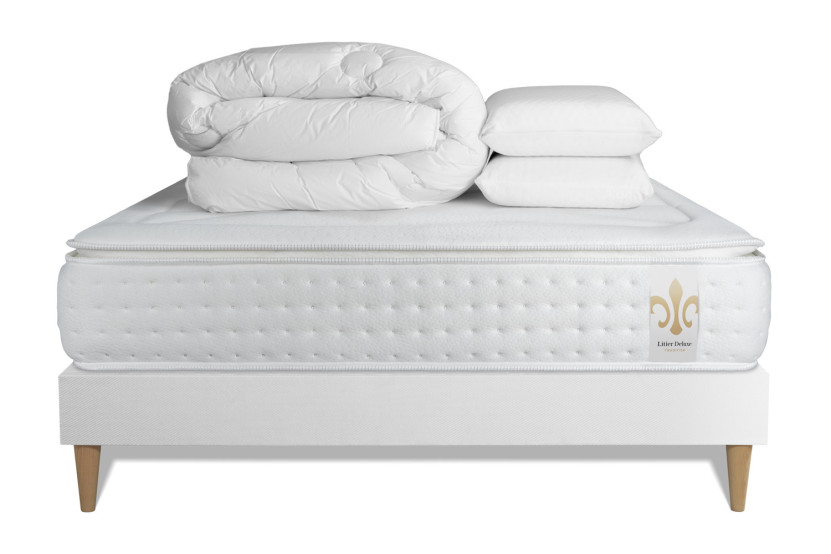Pack lit complet 160x200 cm - Matelas + Sommier Blanc + 2 oreillers + Couette - Vingt-Quatre PLUS