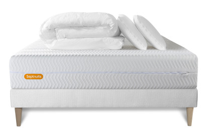 Pack lit complet 140x190 cm - Matelas + Sommier Blanc (en kit) + 2 oreillers + Couette - Memo Bio