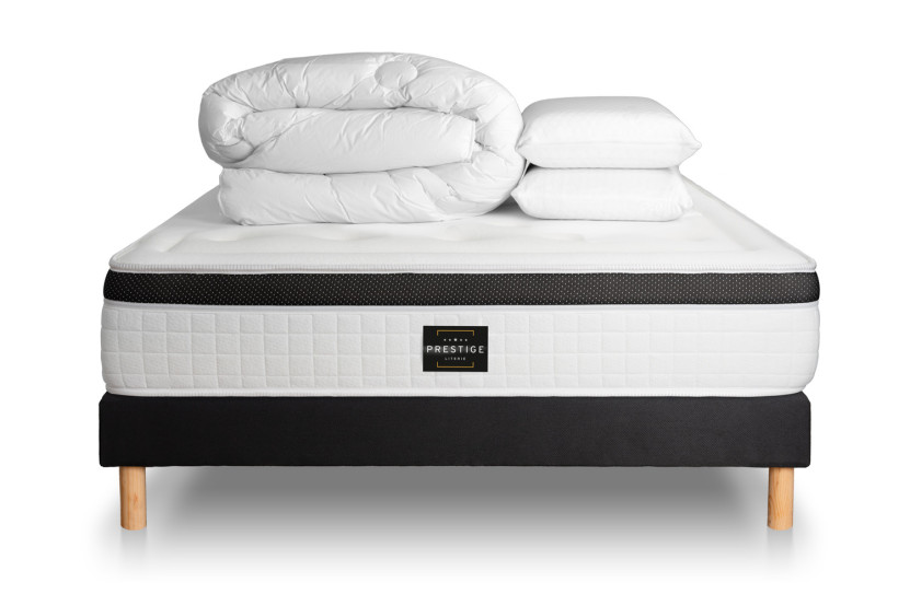 Pack lit complet 160x200 cm - Matelas + Sommier Noir + 2 oreillers + Couette - Privilège