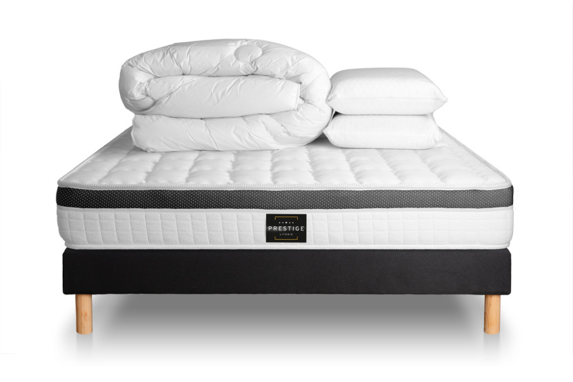 Pack lit complet 160x200 cm - Matelas + Sommier Noir (en kit) + 2 oreillers + Couette - Supérieur