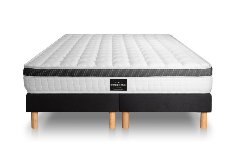 Pack lit complet 160x200 cm - Matelas + 2 Sommiers noirs + 2 oreillers + Couette - Supérieur