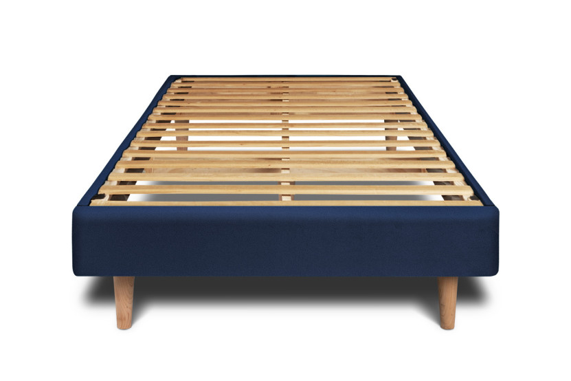 Lit 90x200 cm avec Tête de lit à lignes - Tissu Velours Bleu Océan