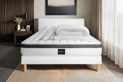 Pack lit complet 140x200 cm - Matelas + Sommier Blanc + 2 oreillers + Couette - Supérieur
