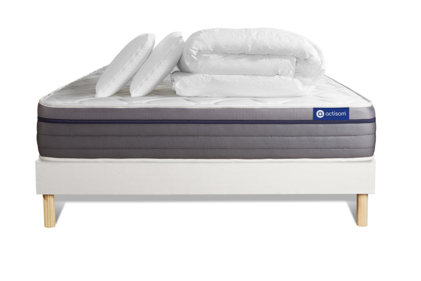 Pack lit complet 180x200 cm - Matelas + Sommier Blanc (en kit) + 2 oreillers + Couette - ActiMemo Zen