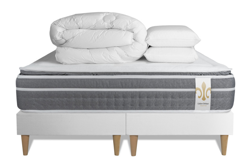 Pack lit complet 180x200 cm - Matelas + 2 Sommiers Blancs + 2 oreillers + Couette - Trente PLUS