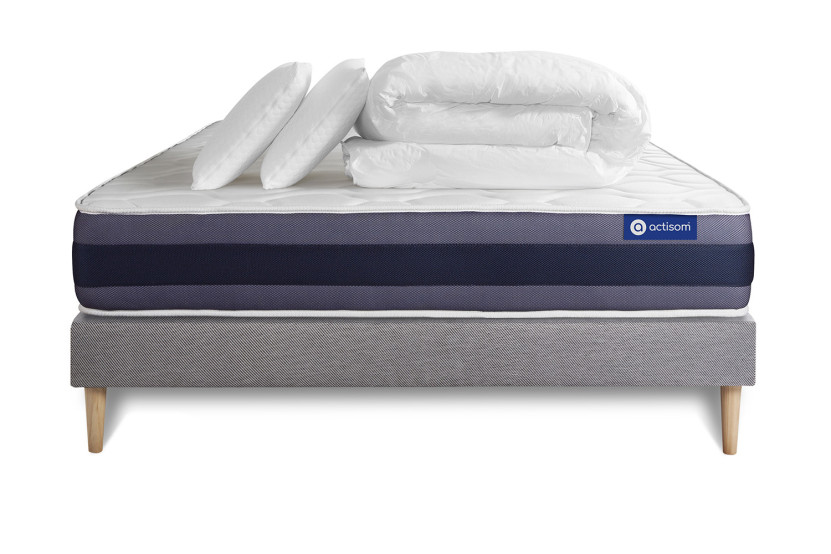 Pack lit complet 180x200 cm - Matelas + Sommier Gris (en kit) + 2 oreillers + Couette - Actiflex Morpho