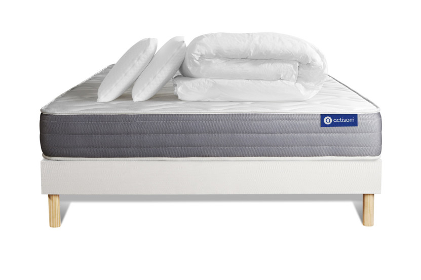 Pack lit complet 140x200 cm - Matelas + Sommier Blanc (en kit) + 2 oreillers + Couette - Actilatex Dream