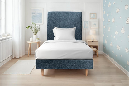 Lit 90x200 cm - Sommier tapissier H29 cm + tête de lit tapissée - Tissu Bouclette Bleu