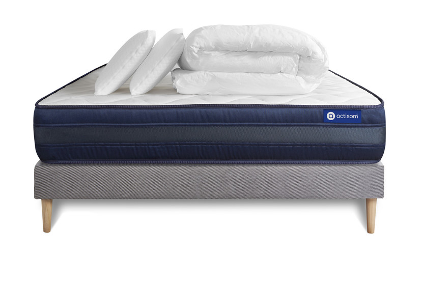 Pack lit complet 140x190 cm - Matelas + Sommier Gris (en kit) + 2 oreillers + Couette - Actiflex Tech