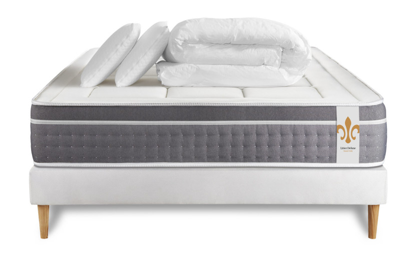 Pack lit complet 160x200 cm - Matelas + Sommier Blanc + 2 oreillers + Couette - Trente