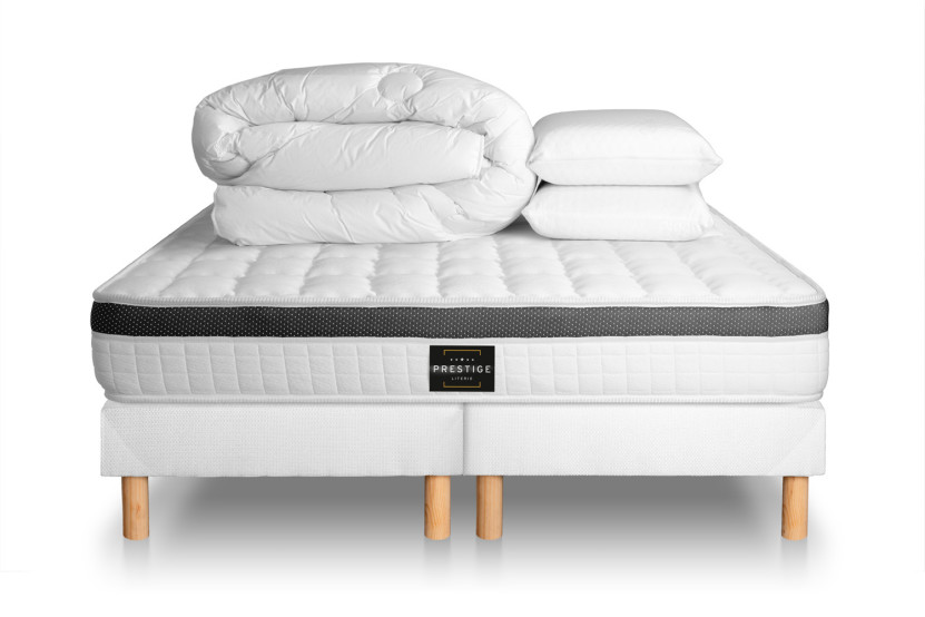 Pack lit complet 160x200 cm - Matelas + 2 Sommiers Blancs + 2 oreillers + Couette - Supérieur