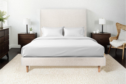 Lit 150x190 cm - Sommier tapissier H29 cm + tête de lit tapissée - Tissu Bouclette Beige Clair