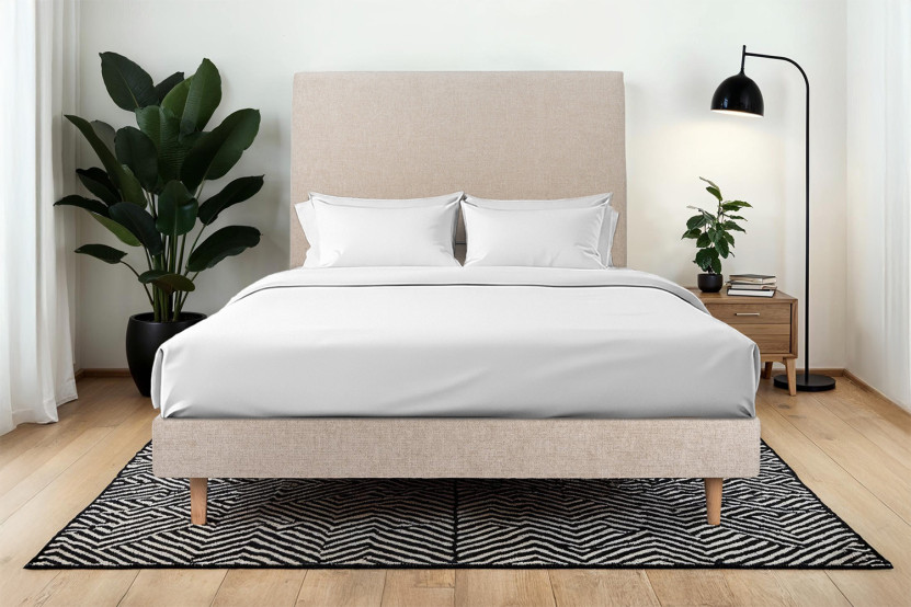 Lit 135x190 cm avec Tête de lit tapissée - Tissu Toile natté Beige Brun