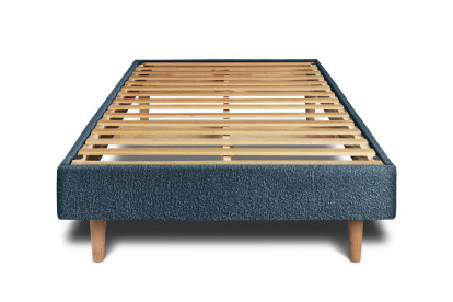 Lit 90x200 cm - Sommier à lattes H29 cm + tête de lit tapissée - Tissu Bouclette Bleu