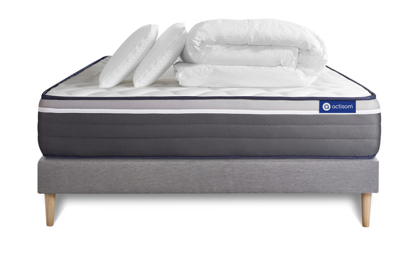 Pack lit complet 200x200 cm - Matelas + Sommier Gris (en kit) + 2 oreillers + Couette - Actiflex Plus