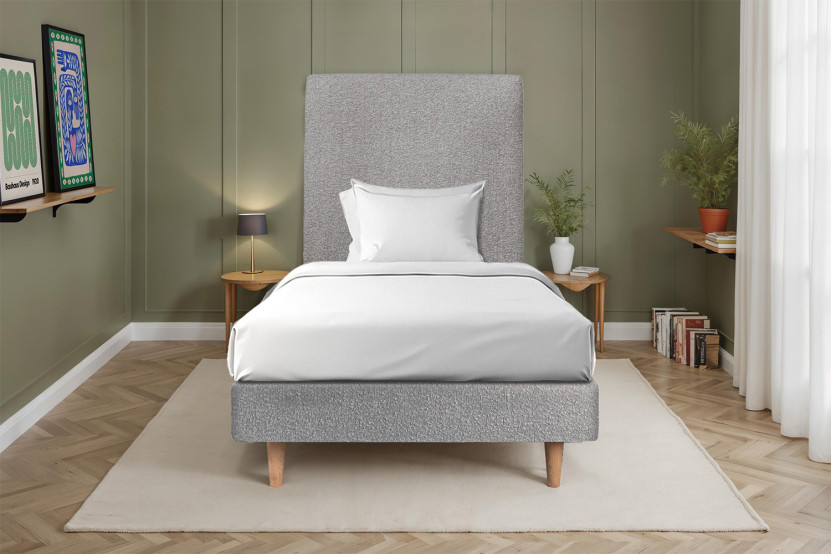 Lit 90x200 cm avec Tête de lit tapissée - Tissu Bouclette Gris