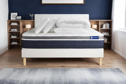 Pack lit complet 140x190 cm - Matelas + Sommier Blanc (en kit) + 2 oreillers + Couette - Actilatex Confort